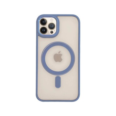 Husa iPhone 13 Pro Max, Premium MagSafe, Butoane Metalice, Spate Transparent, Rama Albastru Deschis